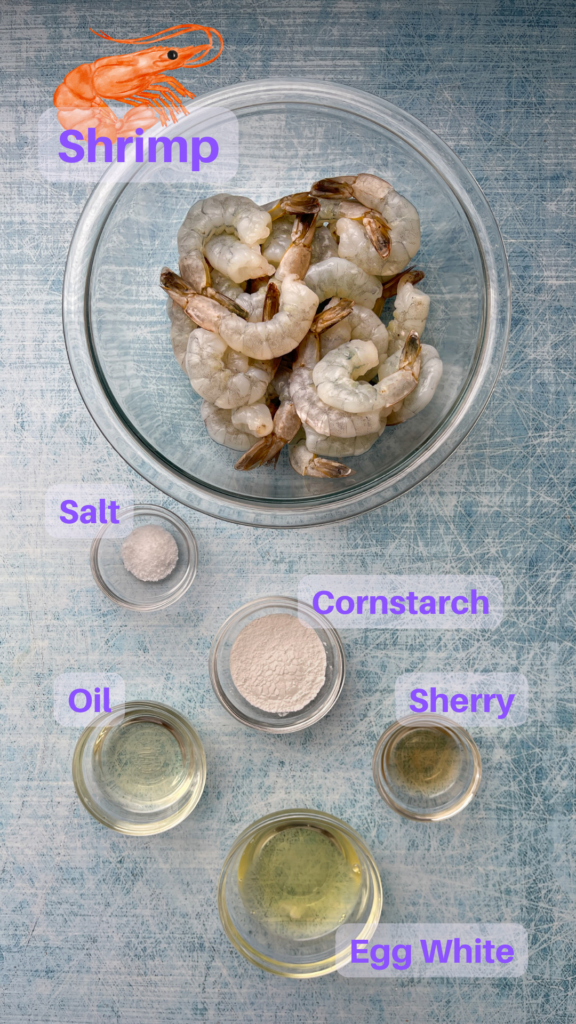 Top down view of ingredients needed for Velvet Shrimp