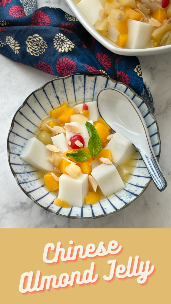 Hero Shot of the Chinese Almond Jelly with a title below against a tan and orange background