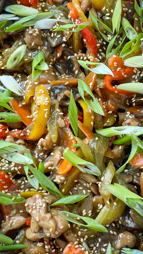close up of finished lo mein noodle dish where you can see chicken, red and yellow peppers, mushrooms, celery and carrots, and finished with a sprinkle of green onions and sesame seeds